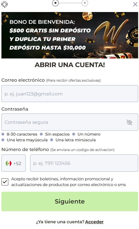 Winpot pantallan de registro